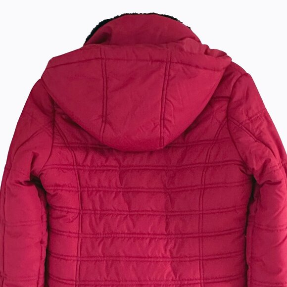 Red Quilted Puffer Jacket Sz S Black Fur Trim Floral Outdoor Winter Gorp Utility - Picture 3 of 14